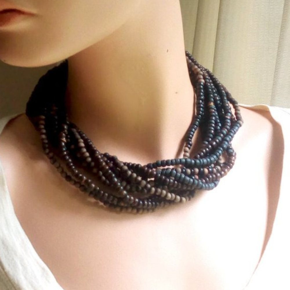 🦉 Wood Bead Multi-Strand Bead Twisty Necklace